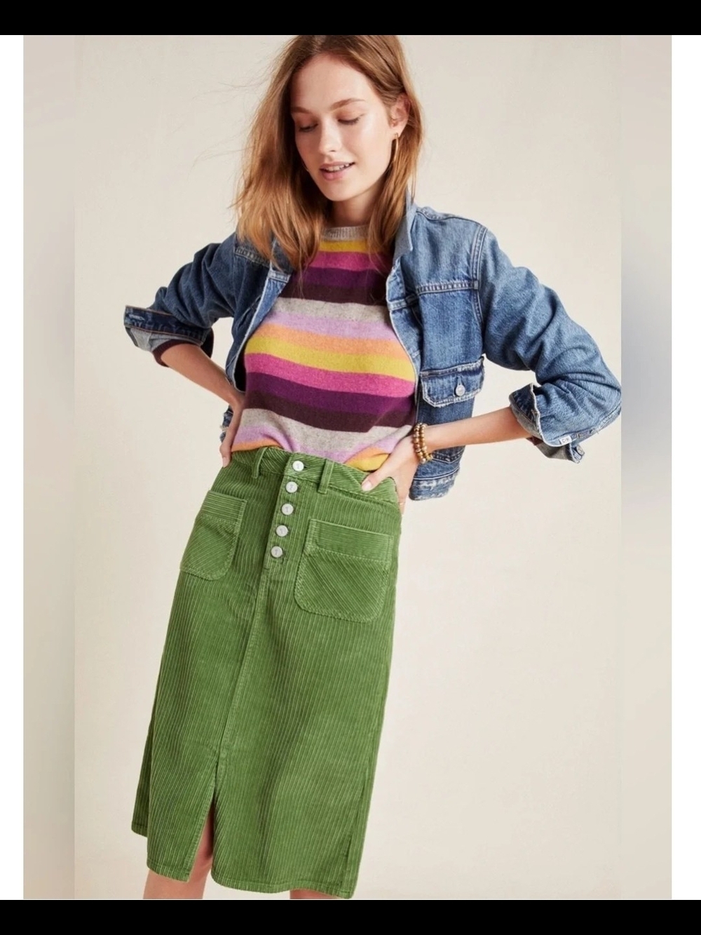 Pilcro and the Letterpress Green Corduroy Button-Front Midi Skirt